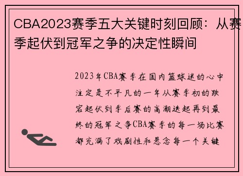 CBA2023赛季五大关键时刻回顾：从赛季起伏到冠军之争的决定性瞬间
